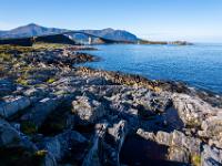 Felsiges Inselufer auf Lyngholmen mit der Storseisund Brücke